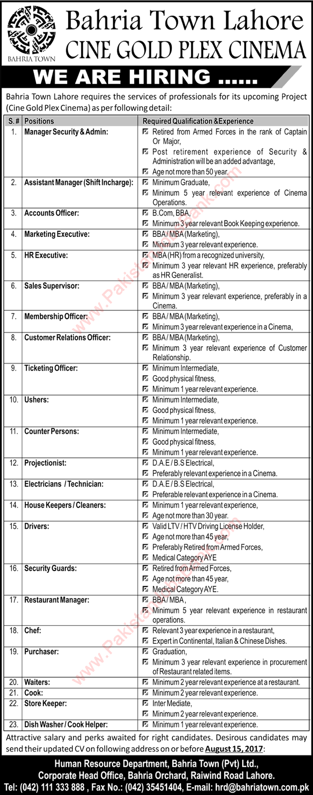 Bahria Town Lahore Jobs August 2017 For Cine Gold Plex Cinema Project